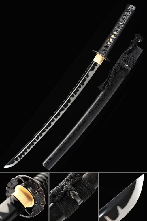 black wakizashi handmade high manganese steel black blade sharpening scaled