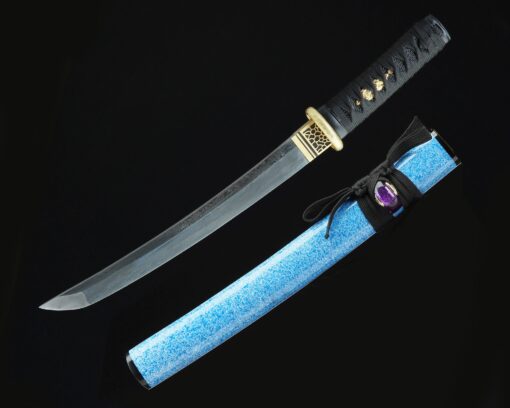 blue tanto handmade japanese tanto sword damascus steel with blue scabbard 1