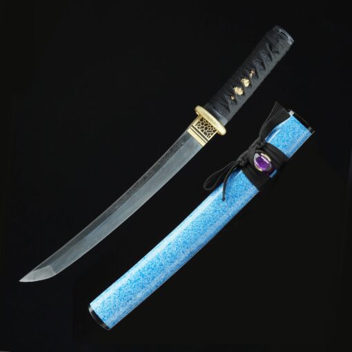 blue tanto handmade japanese tanto sword damascus steel with blue scabbard 2