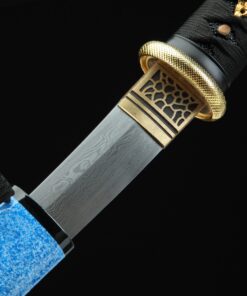 blue tanto handmade japanese tanto sword damascus steel with blue scabbard 4