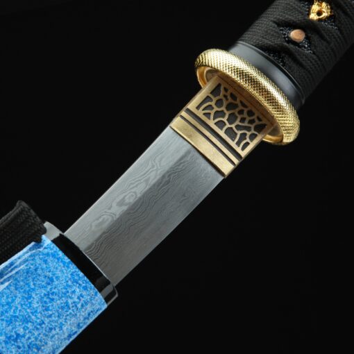 blue tanto handmade japanese tanto sword damascus steel with blue scabbard 4