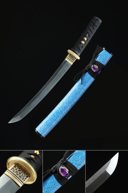 blue tanto handmade japanese tanto sword damascus steel with blue scabbard scaled