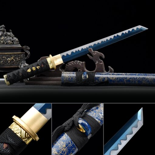 blue tanto handmade japanese tanto sword with blue blade and scabbard