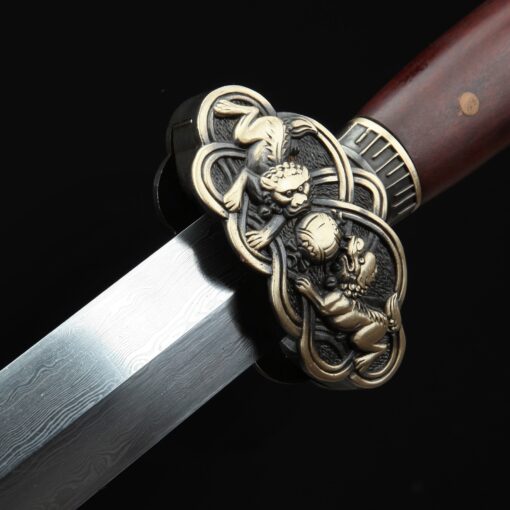 chinese jian sword handmade brown chinese lion theme damascus steel full 1