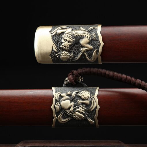 chinese jian sword handmade brown chinese lion theme damascus steel full 3