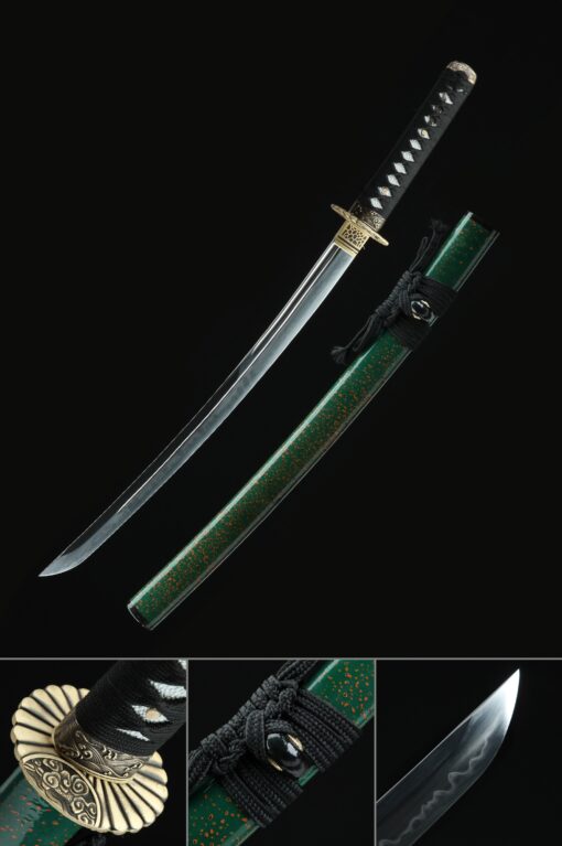 green wakizashi high performance t10 carbon steel real hamon japanese scaled