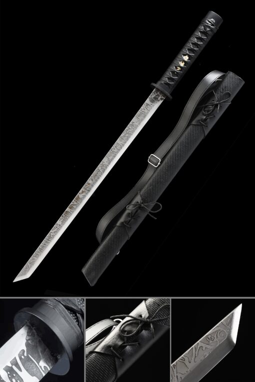 ninja sword handmade japanese ninjato sword with black leather scabbard scaled