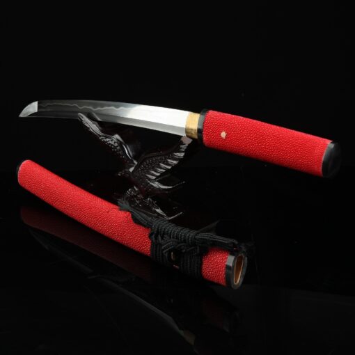 red tanto handmade japanese tanto sword damascus steel with red scabbard 1 1