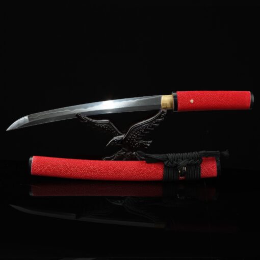 red tanto handmade japanese tanto sword damascus steel with red scabbard 1 2