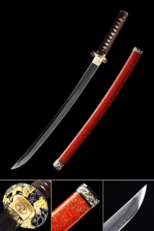 red wakizashi handmade t10 carbon steel real hamon japanese wakizashi sword scaled