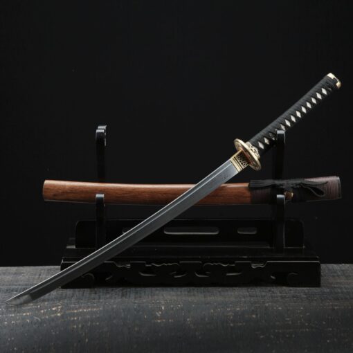 short blade katana handmade wakizashi sword damascus steel with brown 4