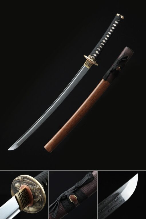 short blade katana handmade wakizashi sword damascus steel with brown scaled