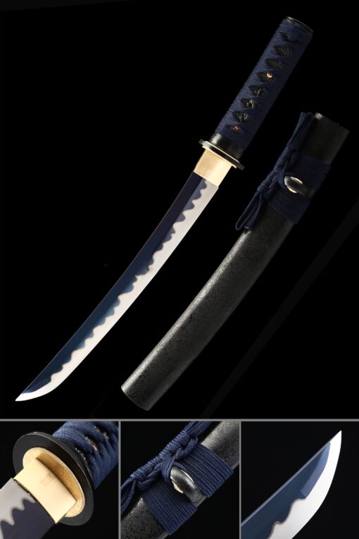 short katana handmade japanese tanto sword with blue blade and black scaled