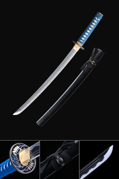 short katana handmade wakizashi sword 1065 carbon steel with black scabbard scaled