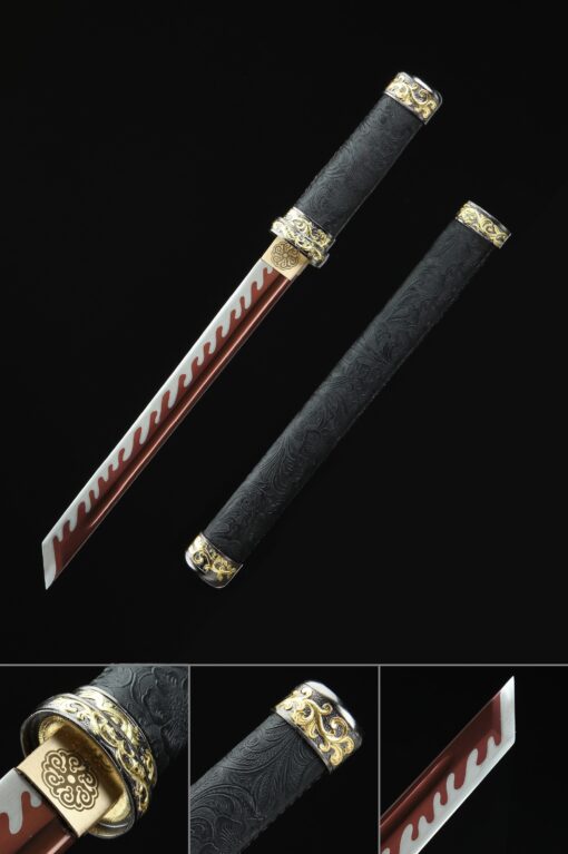 short straight sword handmade japanese hamidashi tanto sword with red blade scaled